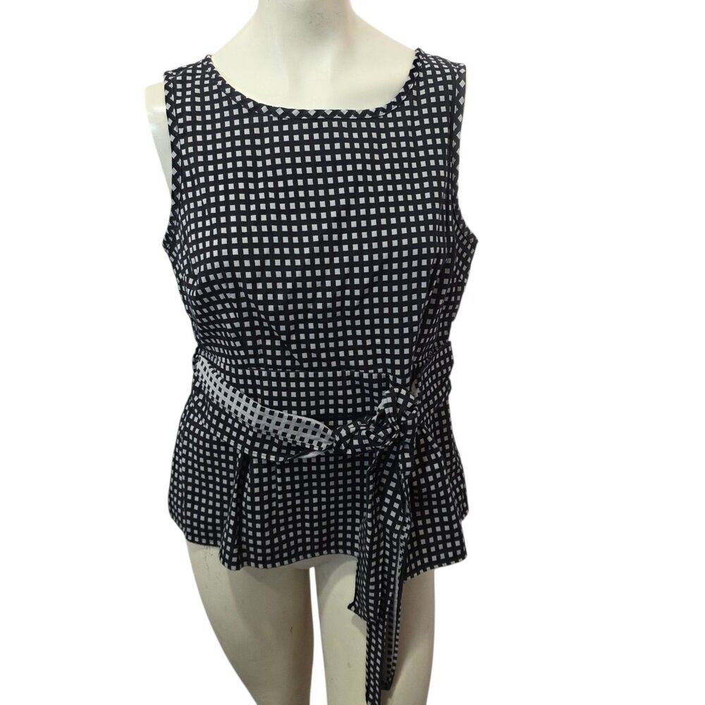 Black White Grid Peplum Top‎ L Sleeveless Tie Waist Belted Back Zip Blouse